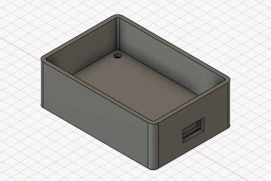 Fusion model of a 3D-printed enclosure with a PCB on four standoffs and a USB-C cutout in the short wall