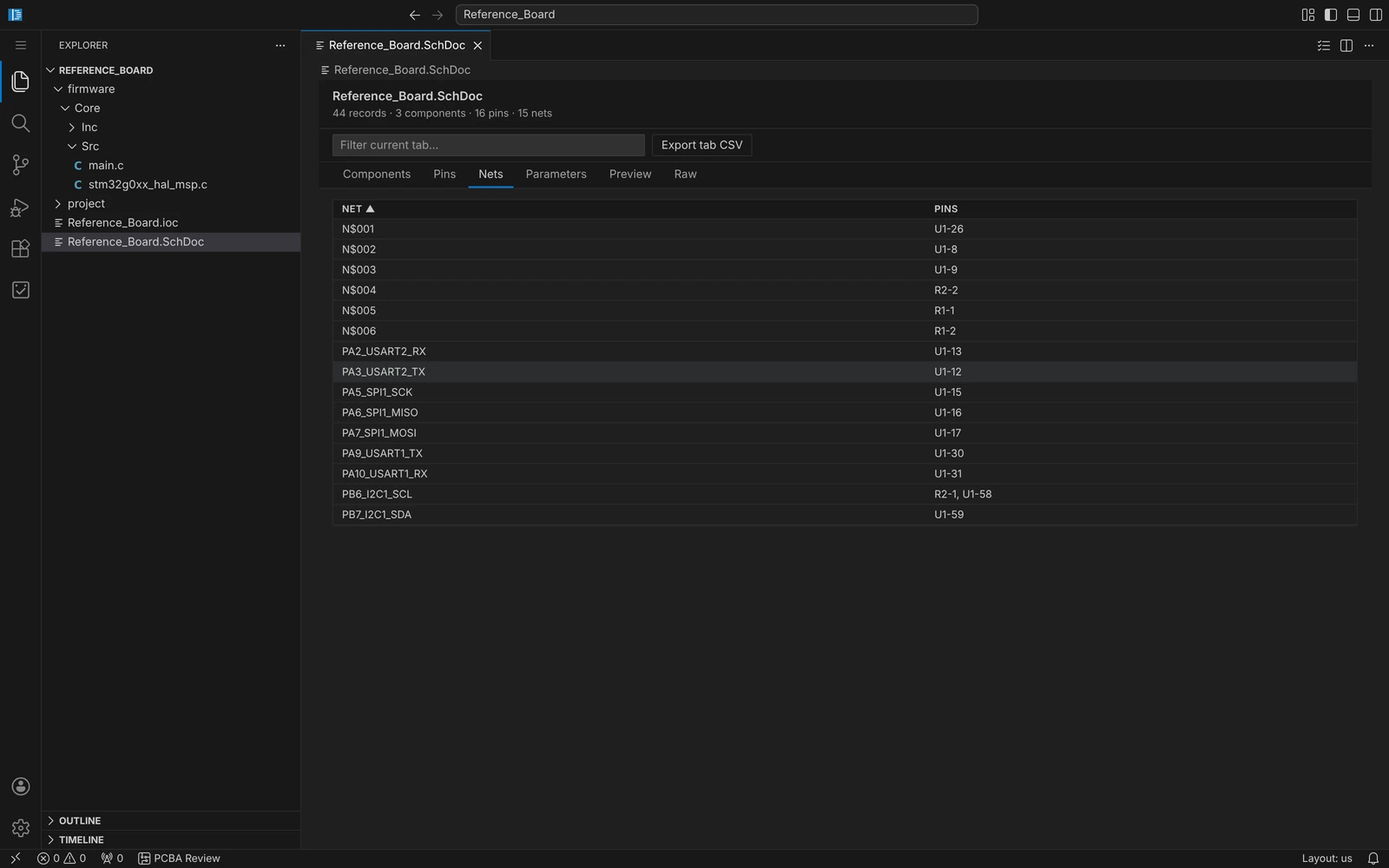 The schematic viewer's Nets tab on the synthetic reference board: 3 components, 16 pins, 15 nets